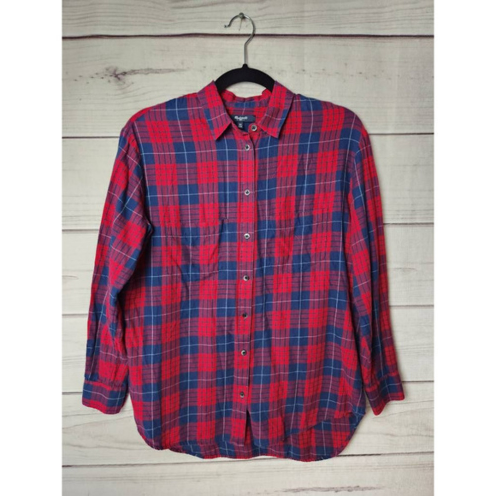 Madewell Womens Button Front Shirt Red Plaid Long Sleeve Collar Pockets‎ XS